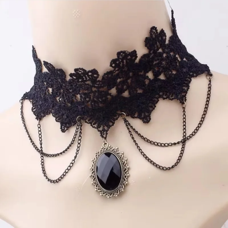 Gothic Victorian Black Lace Necklace Women Girl Boho Crystal