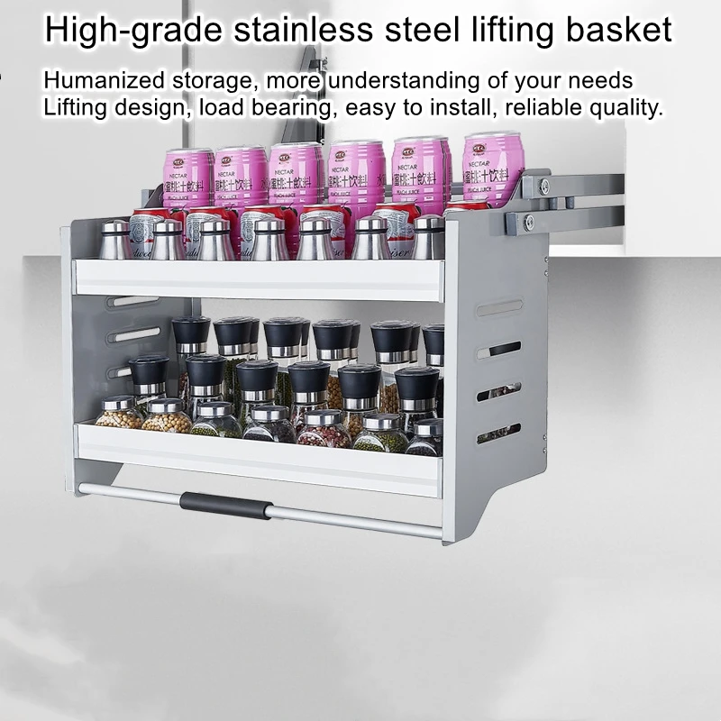 Hanging Cabinet Lifting Basket Kitchen Pull Down Cabinet Seasoning Basket Organizer Stainless Steel Aluminum Shelf