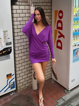 Tossy Sexy Purple Deep V Neck Ruched Mini Dress Bodycon Long Sleeve Women Streetwear Party Dresses Y2K Clothes Hot Girl Style