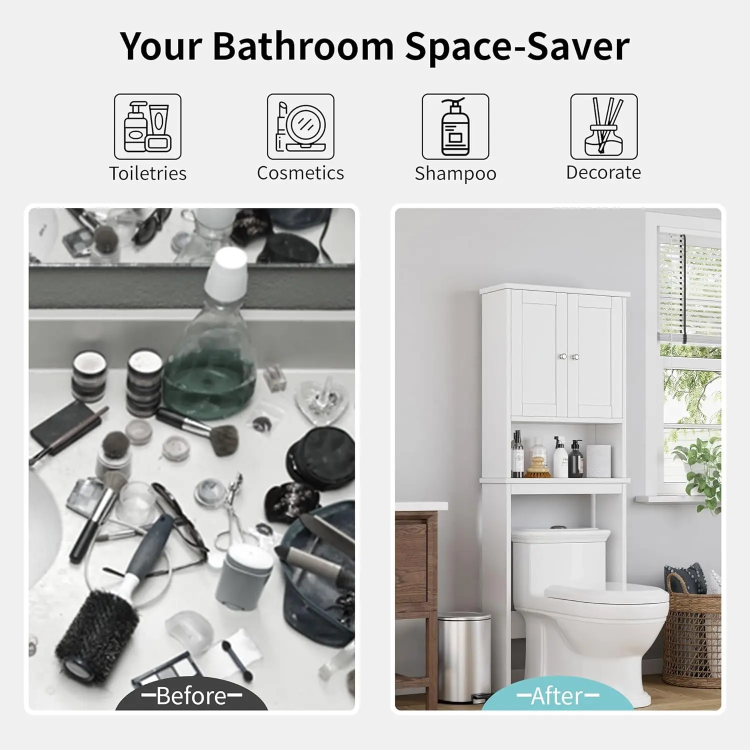 Over The Toilet Storage Cabinet, Bathroom Shelf Organizer with Anti-Tip Device Small Freestanding Space Saver 6