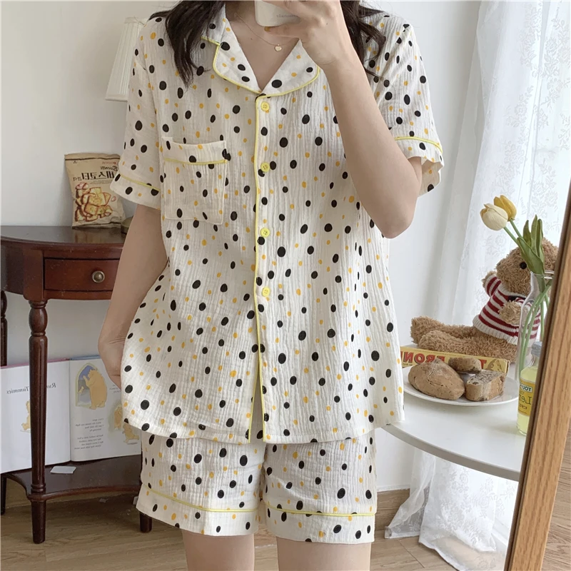 

Women Cotton Summer Shorts Sleepwear Colorful Polka Dot Pajama Set Short Sleeve Tops Home Clothes 2022 Ladies Loungewear D241