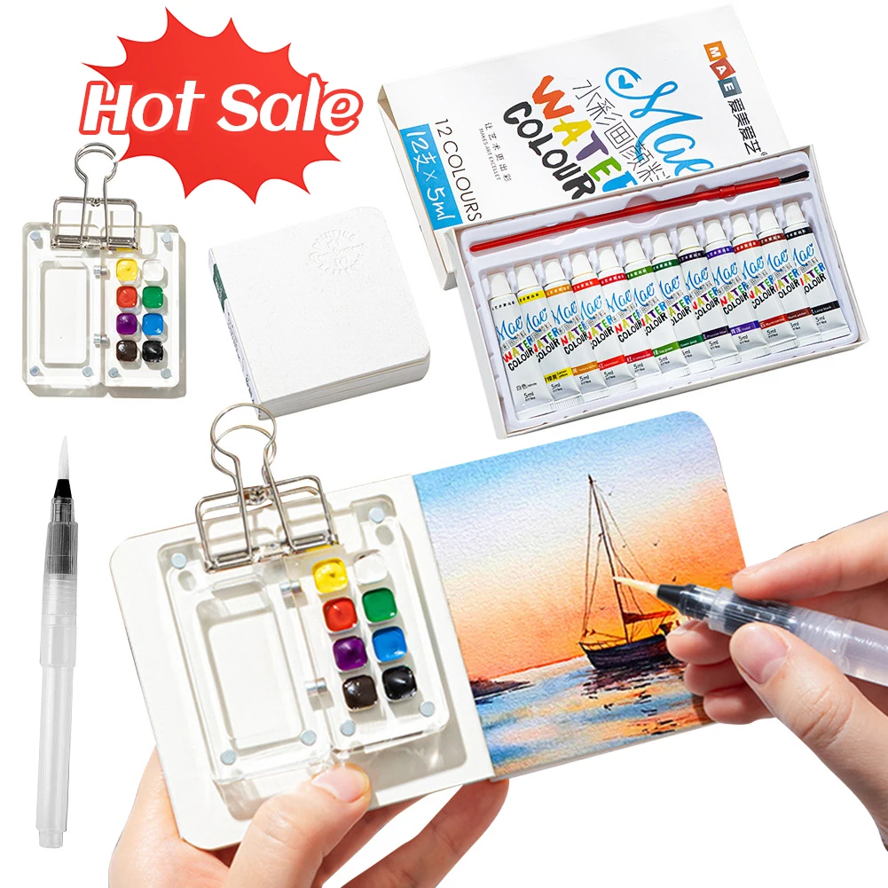 Mini Portable Watercolor Palette Set Watercolor Sketch Book with Binder Clip Portable Sketchbook Palette Set Brush