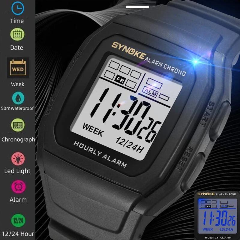 

Synoke Digital Sport's Watch for Man Soft PU Strap Swimming Wristwatch Fashion Colorful Light Led Chrogoraph Male Alarm Clock