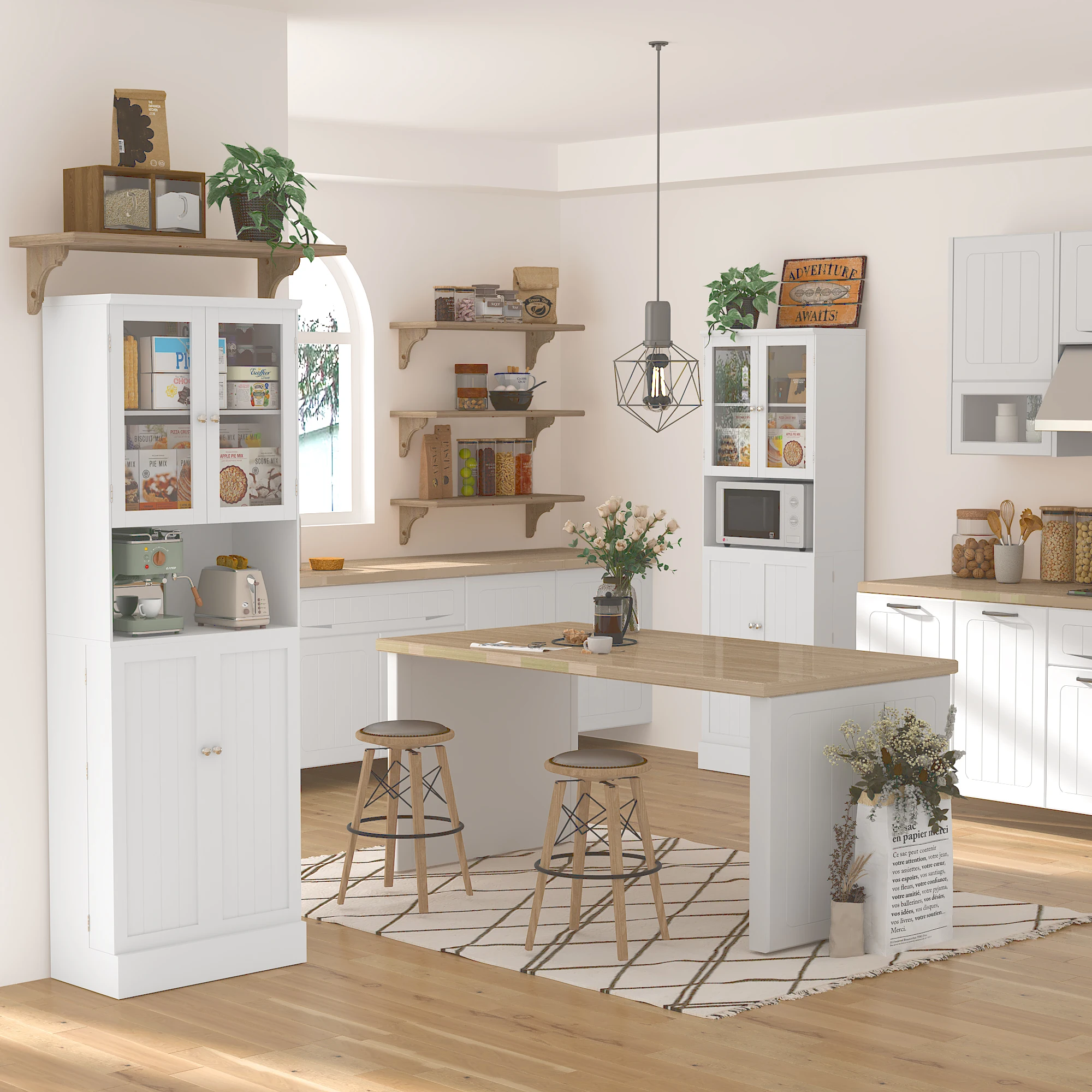 71&rdquo; Tall Freestanding Pantry Cabinet with Adjustable Shelves, Kitchen Pantry Storage Cabinet with Glass Doors & Microwave Stand