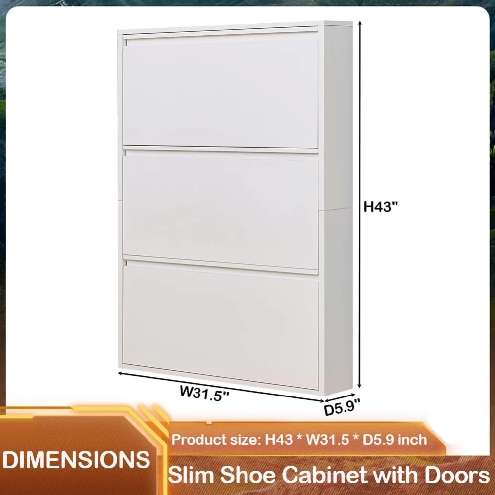 Slim Wall Mount Shoe Cabinet with Flip Drawers, Hidden Storage for Entryway, White Metal Rack