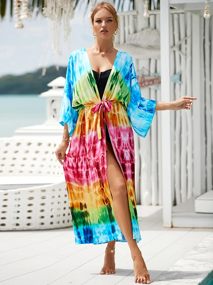 

Cover-ups Print Colorful Beach Kimono Tunic for Beach Kaftan Bikini Cover up Beachwear 2023 Belt Beach Dress Robe Plage Pareos