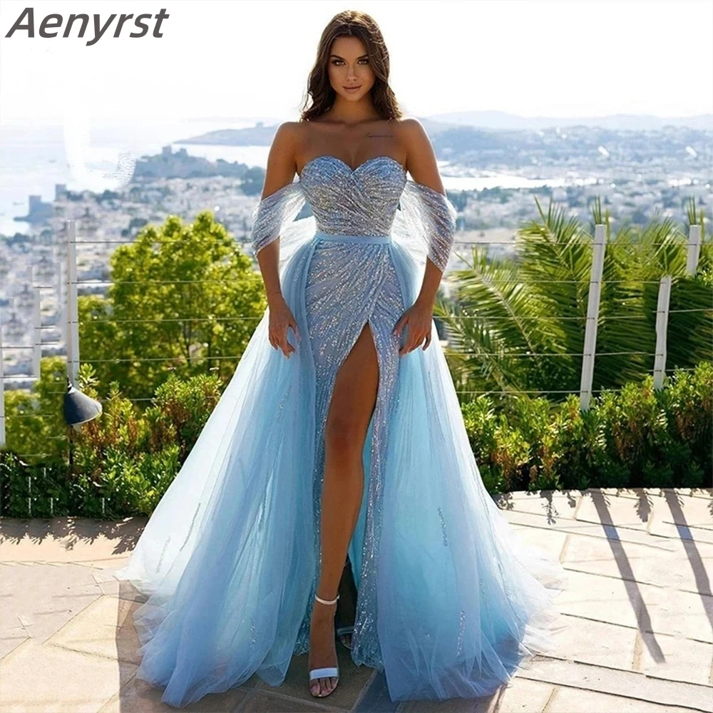 

Off The Shoulder Prom Dress Sky Blue Sequin Formal Evening Dresses Sweetheart High Slit Wedding Party Gowns vestidos de gala