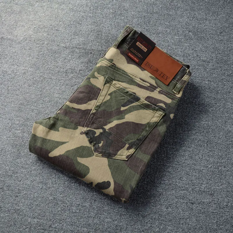 Fashion Designer Men Jeans Camo Elastic Slim Vintage Jeans Men Trousers Zipper Pocket Patched Hip Hop Biker Pants