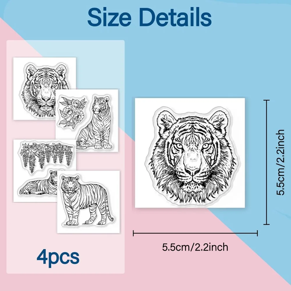 4 pezzi timbri trasparenti animali tigre per scrapbooking fai da te mini timbri trasparenti in silicone sigilli 2.2x2.2 pollici timbri trasparenti per carte  36