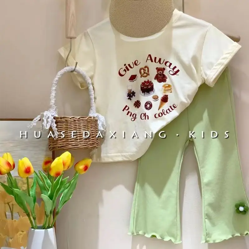 

Korean Summer Children's Clothing Kids Girls' T-shirt New Set Baby Short Sleeve Top Small Flower Trouser Two Piece Set 2023