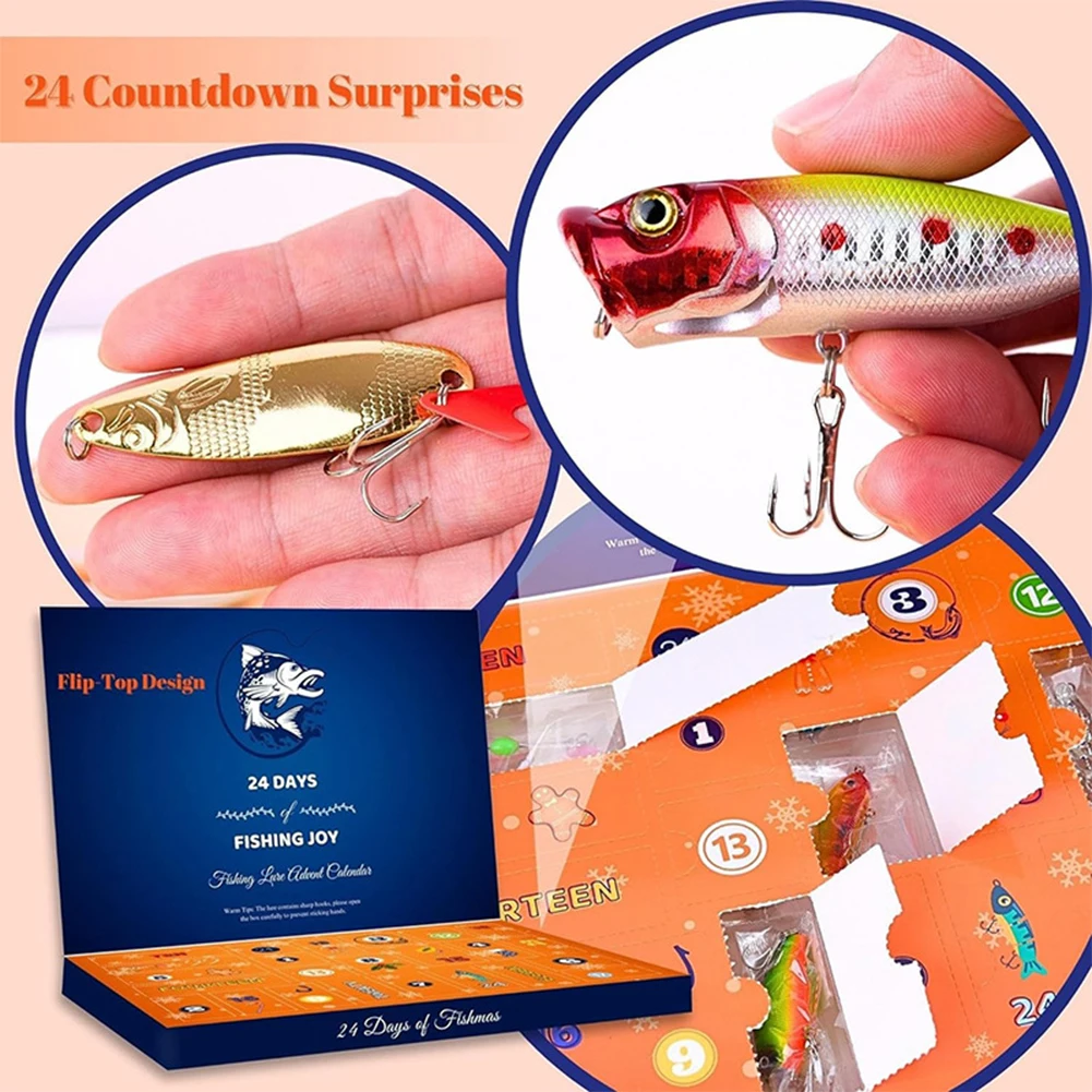 Christmas Fishing Lures Advent Calendar 24 Days Fishing Bait Hooks Advent Calendar Festival Theme Xmas Surprise Gift for Fisher