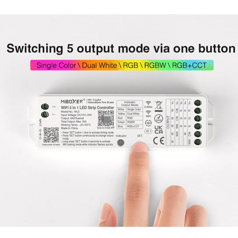 Miboxer WL5 Single color/Dual white/RGB/RGBW/RGB+CCT Wifi 5 in 1 LED Strip tape Controller 12V 24V Tuya App,2.4G Remote control
