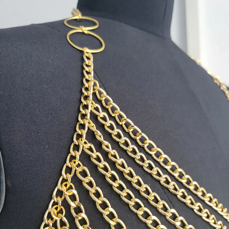Damen Sexy Tiefer V-Ausschnitt Rückenfreies Metallketten-Quasten-Tanktop Durchsichtiges Ausgeschnittenes Crop-Top mit Körperkette für Party und Club – Detail 13