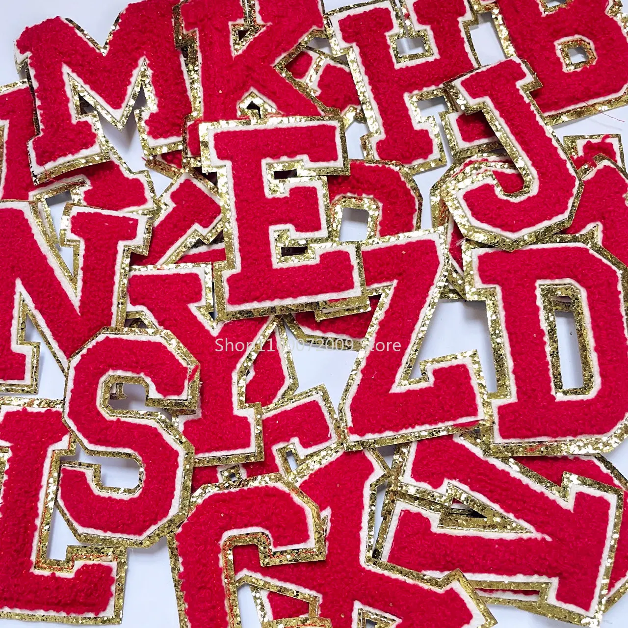5.5CM Red Chenille Letter Patches Iron on Towel Embroidered Felt Alphabet Glitter Sequins Heat Adhesive Applique DIY Accessories