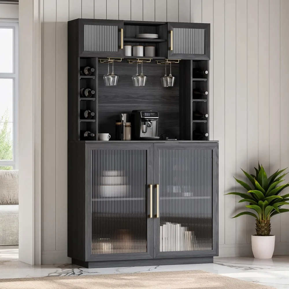 Coffee Wine Bar Cabinet with Power Outlet, 72" Rustic Liquor Cabinet, Tall Fluted Buffet Cabinet with Storage Kitchen Pantry