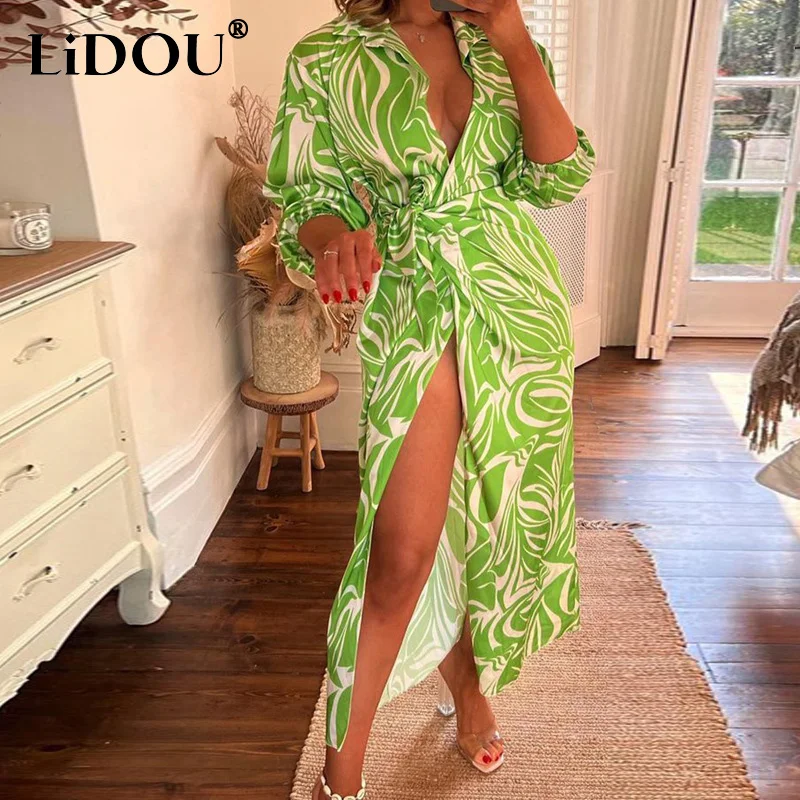 

Spring Summer New V-neck Printing Lace Up Sexy Vestido Women Long Sleeve Elegant Fashion Dress Ladies Beach Holiday Casual Robe