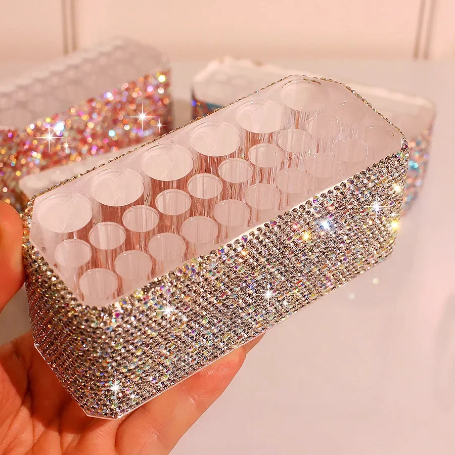 Bling Rhinestone Holes Nail Brushes Storage Box 26 Makeup Brushes Holder Acrylic Organizer Nail Art Bushes Storage Showing Shelf 6