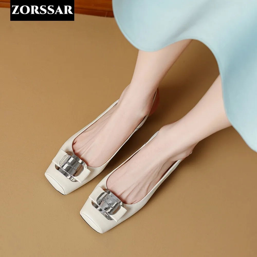 Women Summer Genuine Leather Slingback Pumps Office Lady Square Heels Sandals Elegant Square Toe Female Sexy High Heels