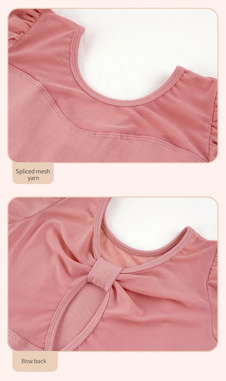 Mädchen Baumwolle zurück Bowknot Ballett Tanz Trikots Kinder Blume Knospe Ärmel Mesh Spleiß Gymnastik Bodysuit – Detail 5