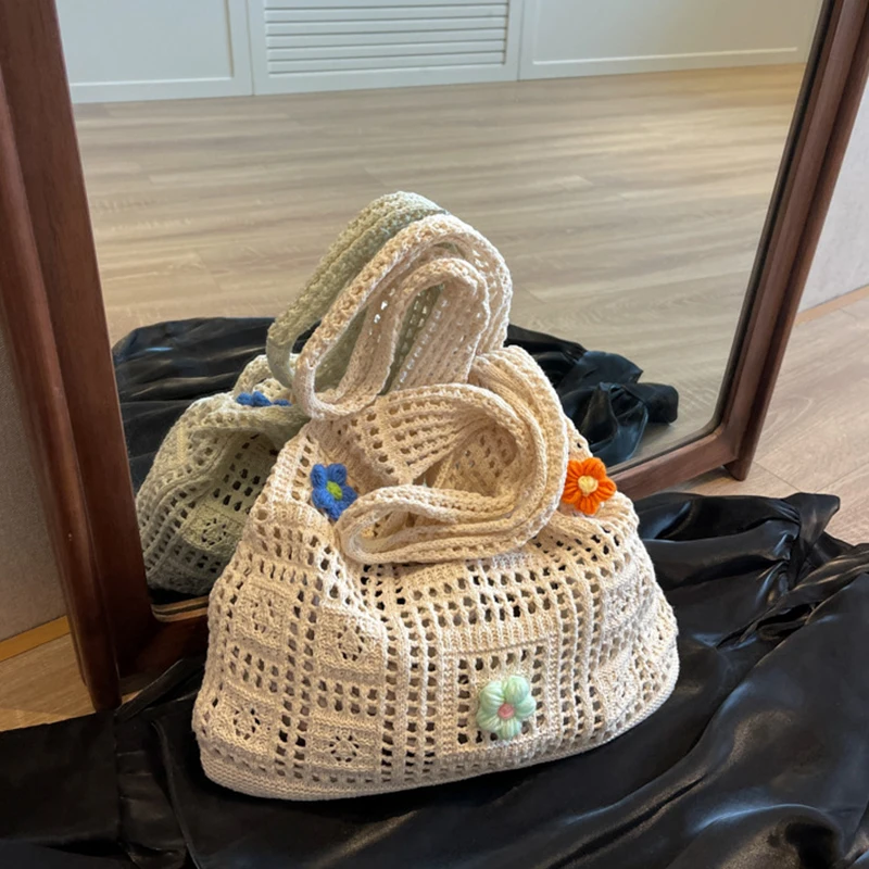 Women Crochet Tote Handbag Hollow Out Crochet Grocery Bag Solid Color Travel Shopping Totes Ladies Daily Shoulder Bag