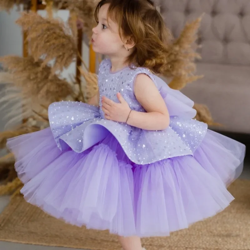 

Purple Flower Girl Dresses Tulle Puffy Sequin With Bow Sleeveless Kids Baby Girls Pageant Wedding Birthday Party Holiday Gown