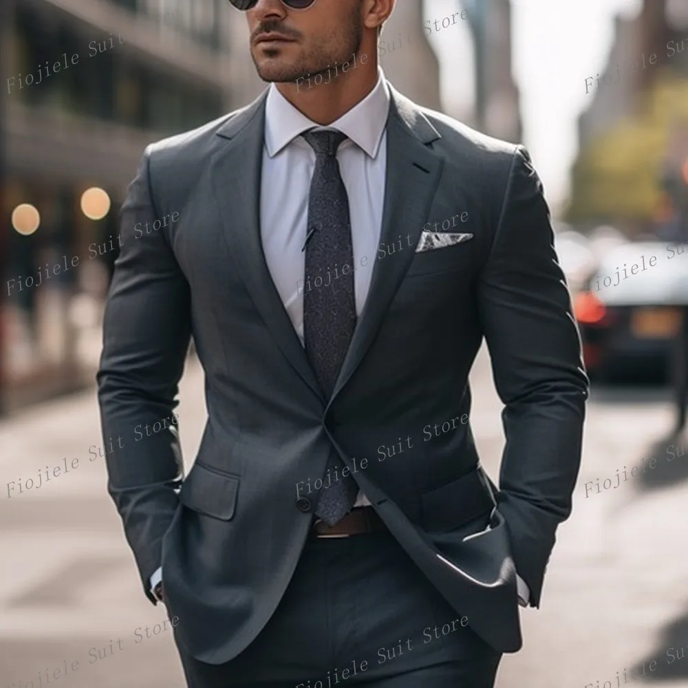 

Men Dark Grey Business Casual Suit Groomsman Groom Wedding Party Prom Formal Occasion Male Tuxedos 2 Piece Set Jacket And Pants