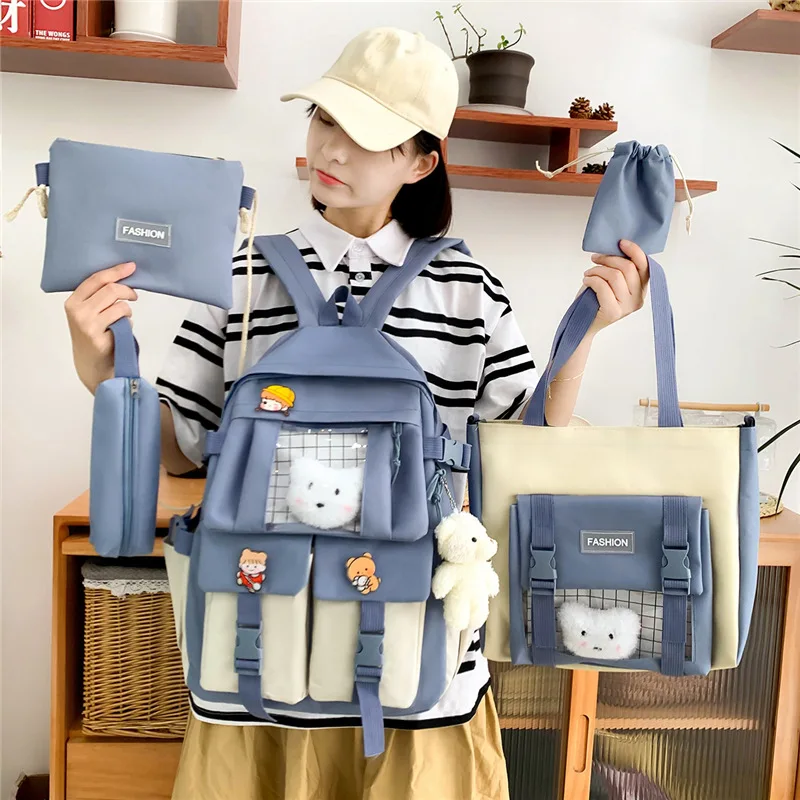 Mochila New 5-piece Set Schoolbag Student Backpack Multi-functional Canvas Lightweight Cute School Bags for Girls Knapsack Bag