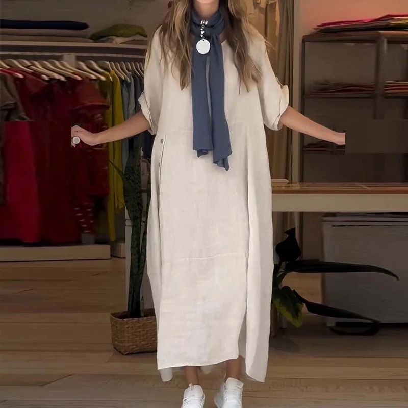 

Платье женское длинное на пуговицах, модное простое однотонное повседневное свободное хлопково-льняное платье с круглым вырезом и коротким рукавом, на лето