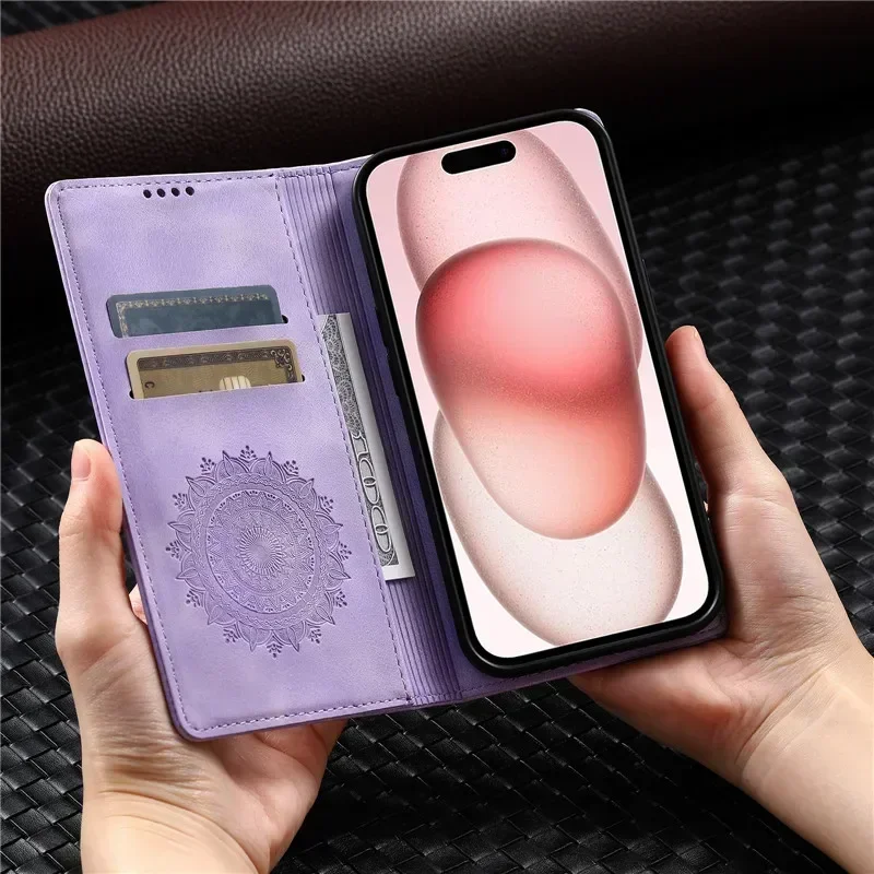 Luxury Leather Flip Cover Wallet Phone Case with Totem Design