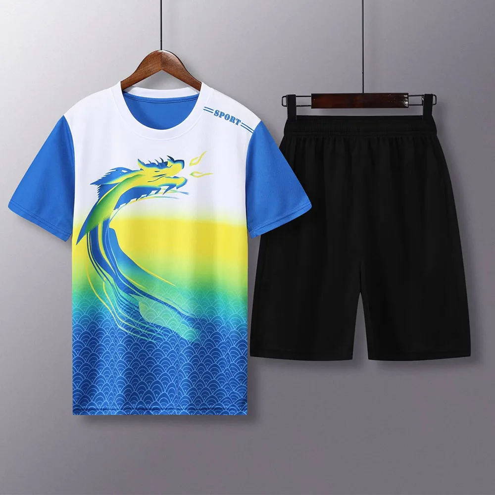 

2 Piece Summer Sports Workout Running Set Dragon Print O-neck Short Sleeve Soccer Running Badminton Tennis Volleyball Jersey Set