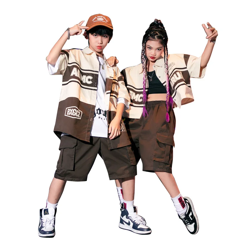 

Kids Summer Fashion Hip Hop Clothing Streetwear Boys Girls Sets Shirts Cargo Shorts Stage Dance Costume Children Tracksuits