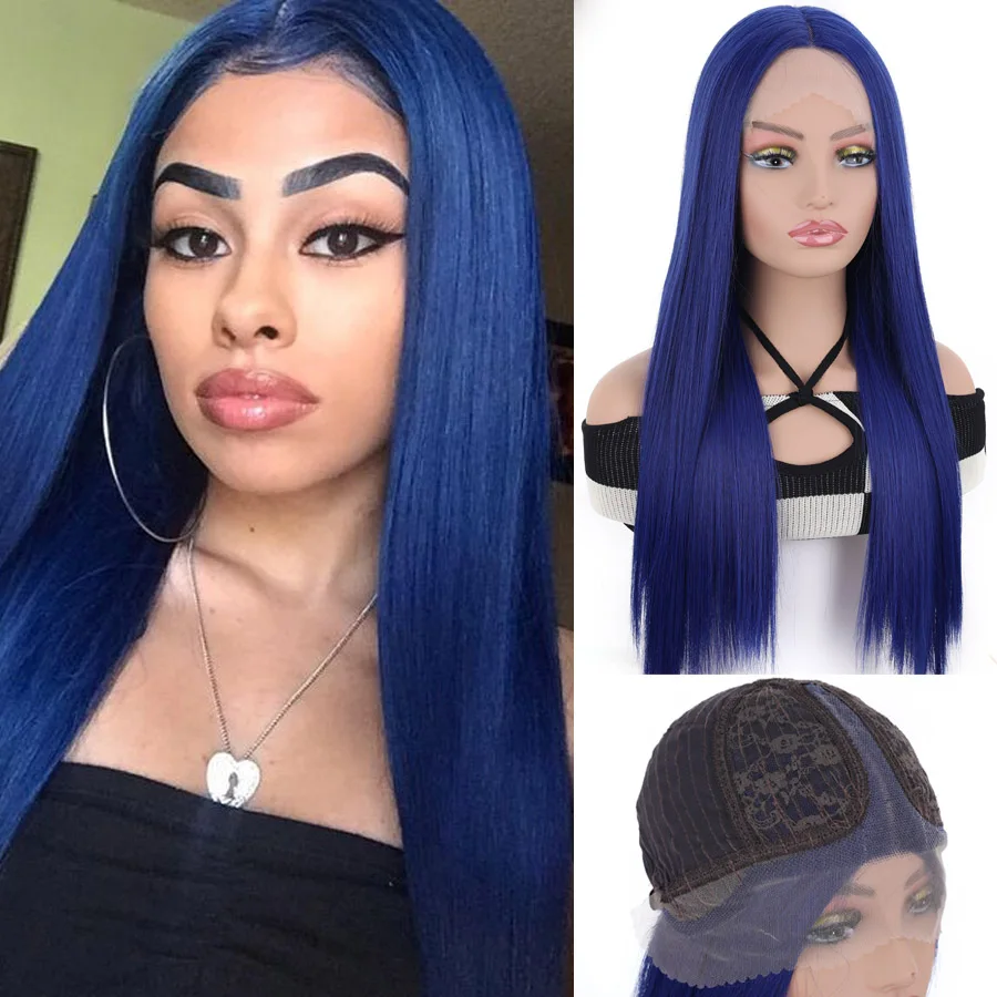 

AILIADE Blue Synthetic Lace Front Wig Long Straight Lace Frontal Wig Pre Plucked 360 Lace Frontal T-Part Heat Resistant Wigs