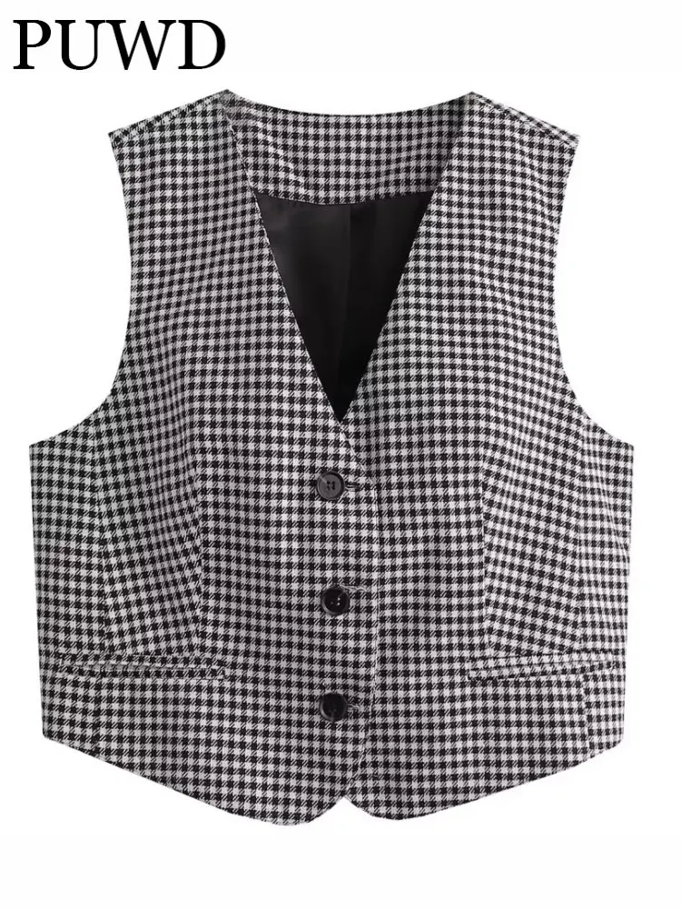 

PUWD Women Fashion Black And White Checked Single-breasted Vest 2023 Spring Vintage V Neck Sleeveless Female Vests Chic Tops