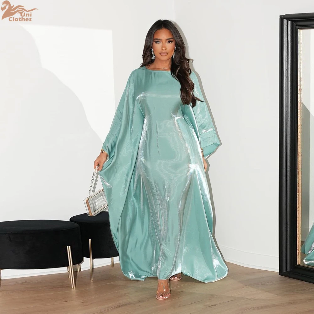 Zahraa Muslim 2026 New Eid Dresses Solid Shiny Satin Batwing Sleeve Modest Kebaya Turkish African Women Abayas Saudi Clothing 2