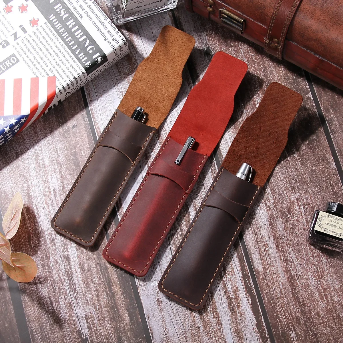 Vintage Handmade Leather Pen Case - Luxury Retro Stationery Organizer and Business Gift