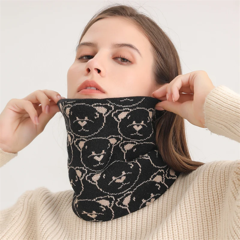 

Knitted Women Ring Scarf Fashion Animal Print Full Mask with Plush Winter Warm Woolen Yarn Collor Neckerchief Snood Muffler 2023