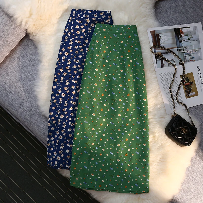 

Floral Print A Line Long Skirts for Women Spring Back Elastic Band High Waist Split Woman Midi Skirts Green Blue