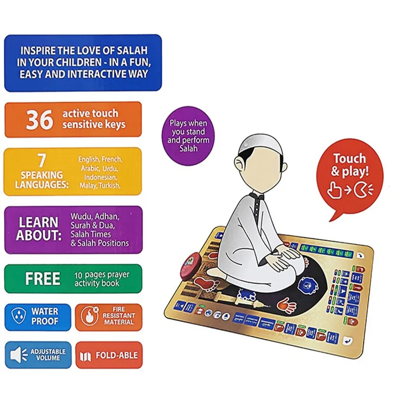 Islamic Kids Smart Prayer Rug Learn Praying Mat Educational Interactive