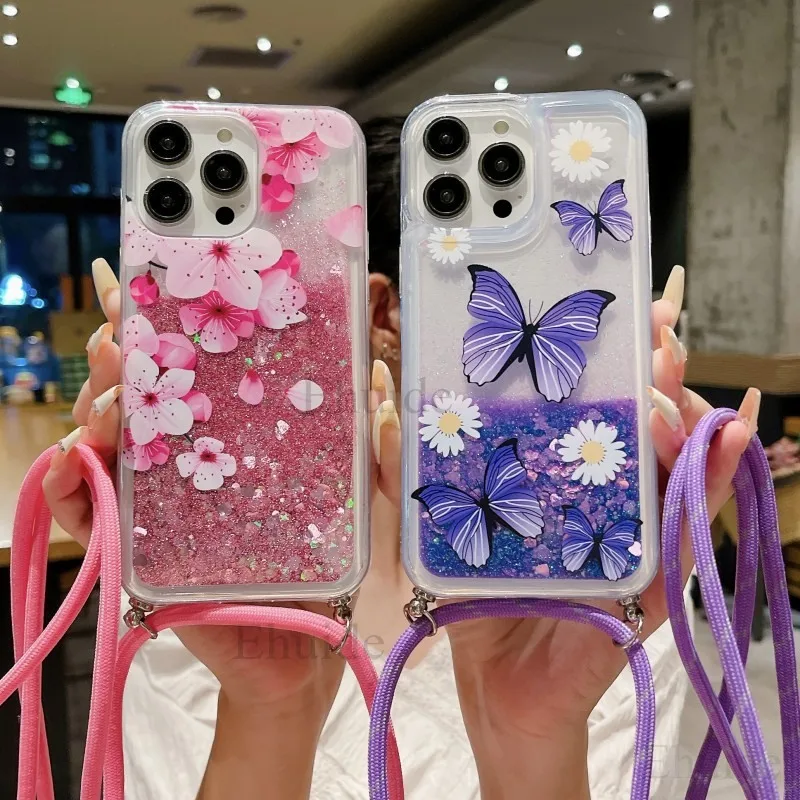 Quicksand Glitter Liquid Crossbody Strap Lanyard Phone Case