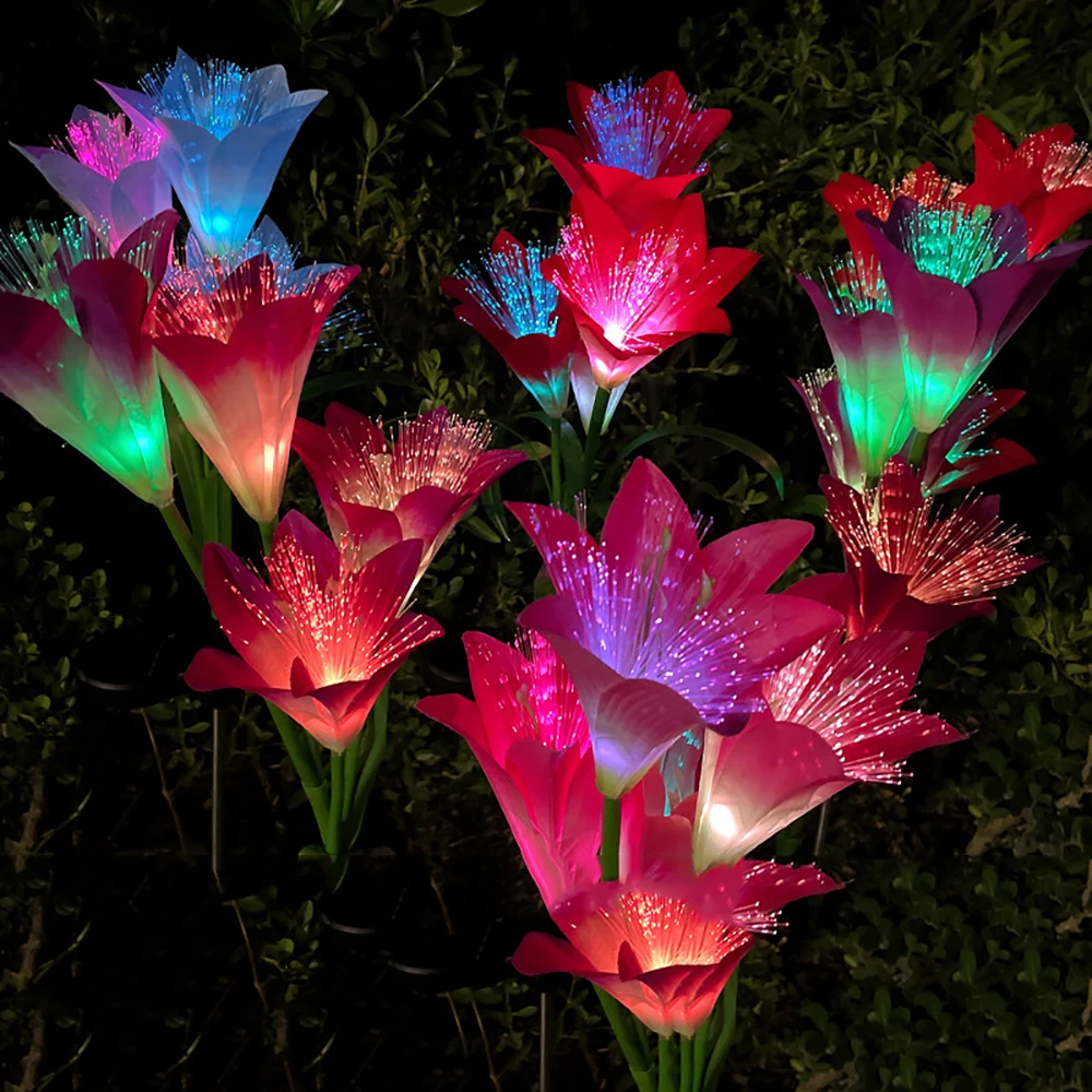 Luci solari in fibra ottica per esterni a forma di giglio, per giardino e orto, impermeabili, lampada da prato a LED a 7 colori per la decorazione del cortile_voghion.com