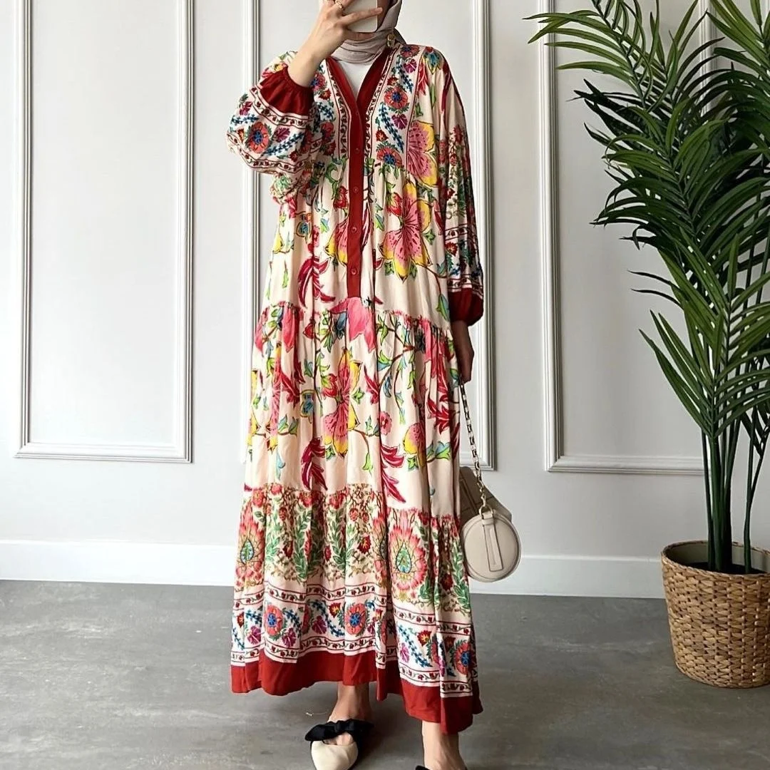

Women Dress Abaya New Muslim Long Sleeves Standing Neck Printed Large Swing Dress Ethnic Style Loose Dubai Dress for Prom