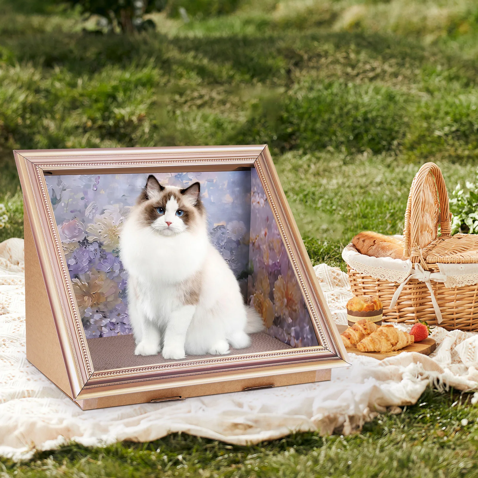 Cat Living in 3D Oil Painting Cat House with Scratcher Vintage Art Picture Frame Cardboard Creative Home Bedroom Decoration