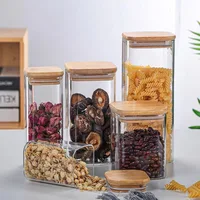 1X Square Glass Jars with Bamboo Lids Glass Airtight Kitchen Canisters Set Food Storage Container Pantry Spice Flour Storage Jar 1