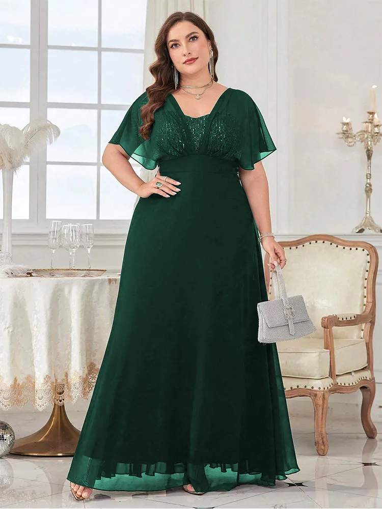 Long Chiffon Dress with V Neck & Pleated Upper Bodice Emerald Plus Size