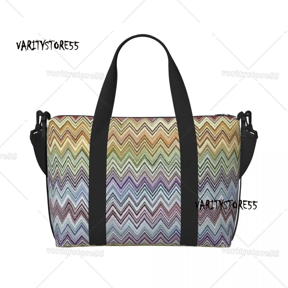 Boho Chic Modern Zigzags Beach Tote Bag for Women Extra Large Gym Carry On Geometric Multicolor Travel Shopping Bags