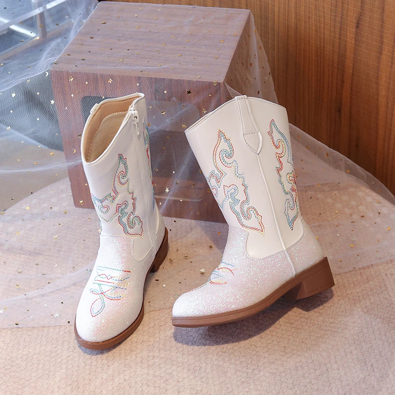 Girls Mid Calf Cowboy Boots with Floral Pattern