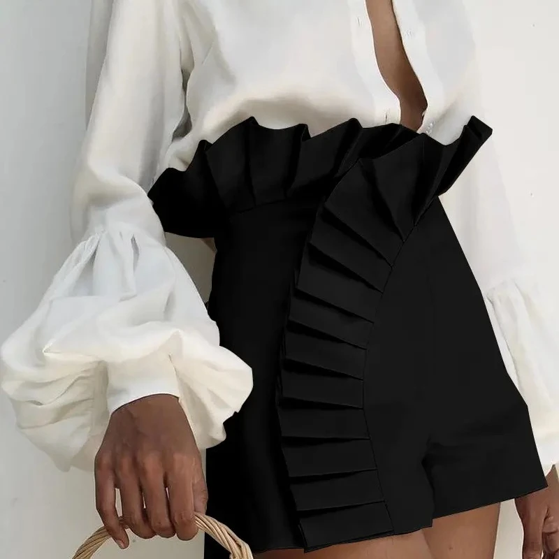 2023 Summer Women's Shorts Fashion Solid Color Ruffled Hem Pleated High Waist Sexy Versatile Street Shorts Womens Clothing