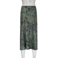 SUCHCUTE y2k Vintage Floral Printing Midi Skirts Women Harajuku Fairycore Green Straight Maxi Skirt Aesthetic Sweet Girl Clothes - Image 4