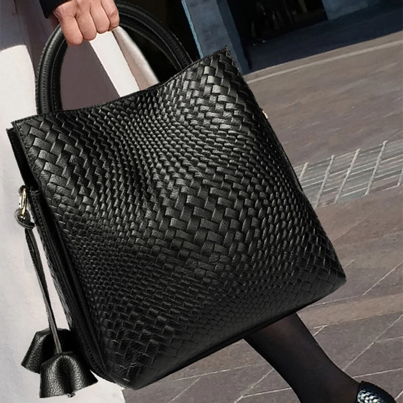 

Luxury Knitting Pattern Women Handbags Genuine Leather Tote Shoulder Bags New Large Capacity First Layer Cowhide Crossbody Bag