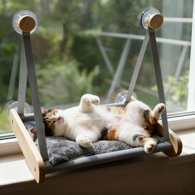 Wooden Cat Hammock with Suction Cups, Wall Mounted Sunning Lounge with Plush Pad - Cozy Hanging Bed for Indoor Cats 3